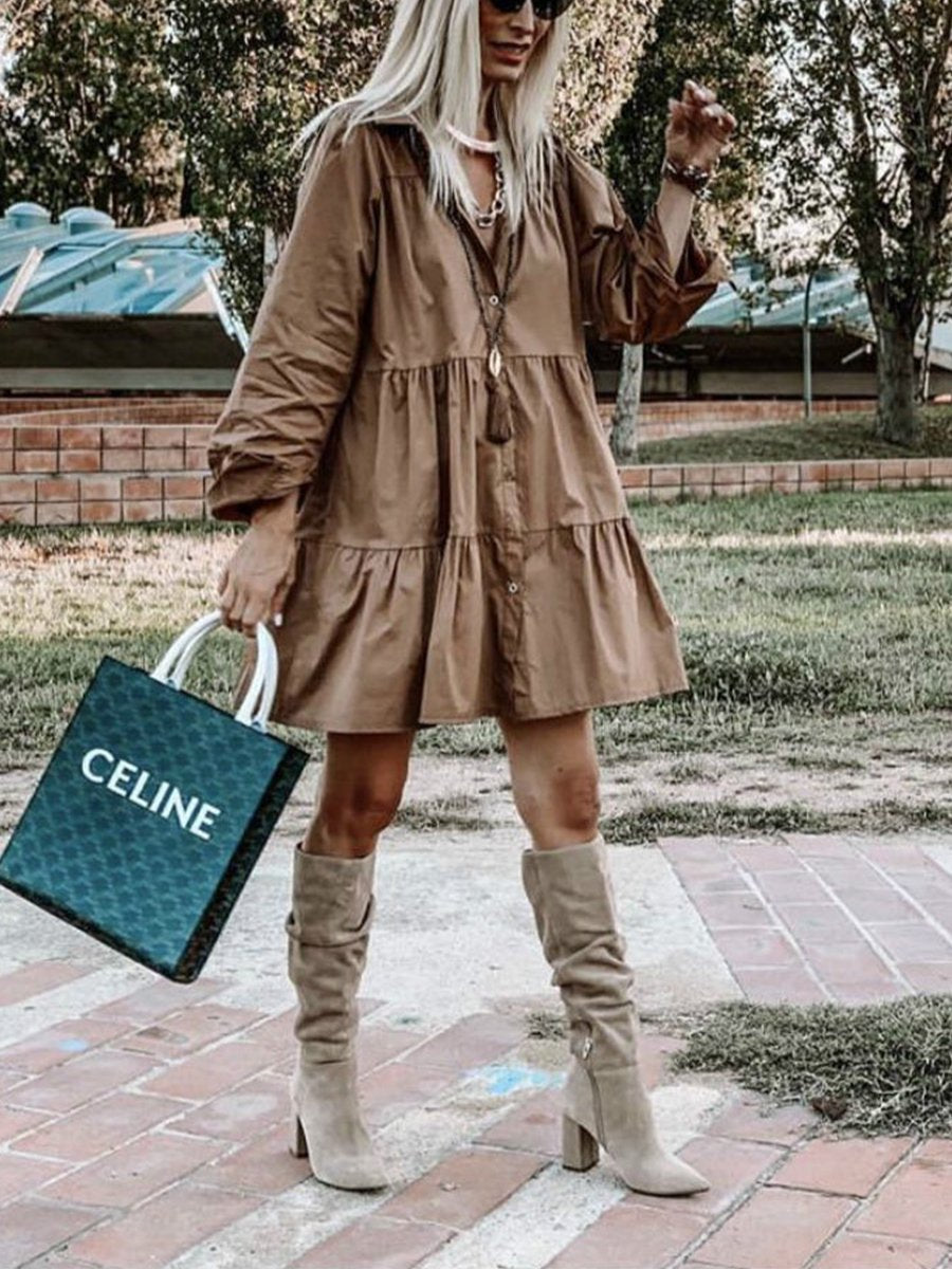 Solid Long Sleeve Shirt Neck Babydoll Mini Dress