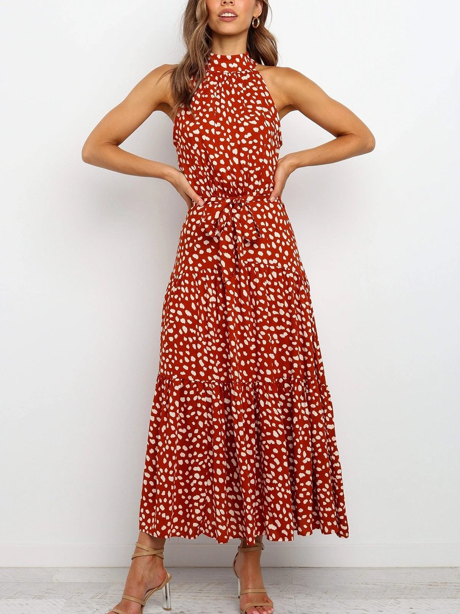 Temperament-half - collared sleeveless tank top with flapped floral print maxi dress