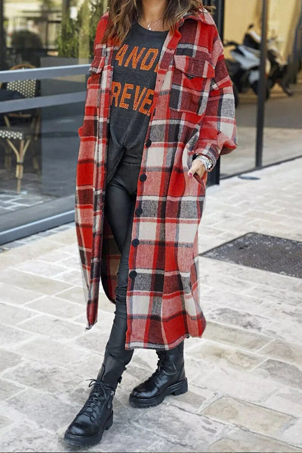 Plaid Lapel Loose Long Sleeve Woolen Trench Coat