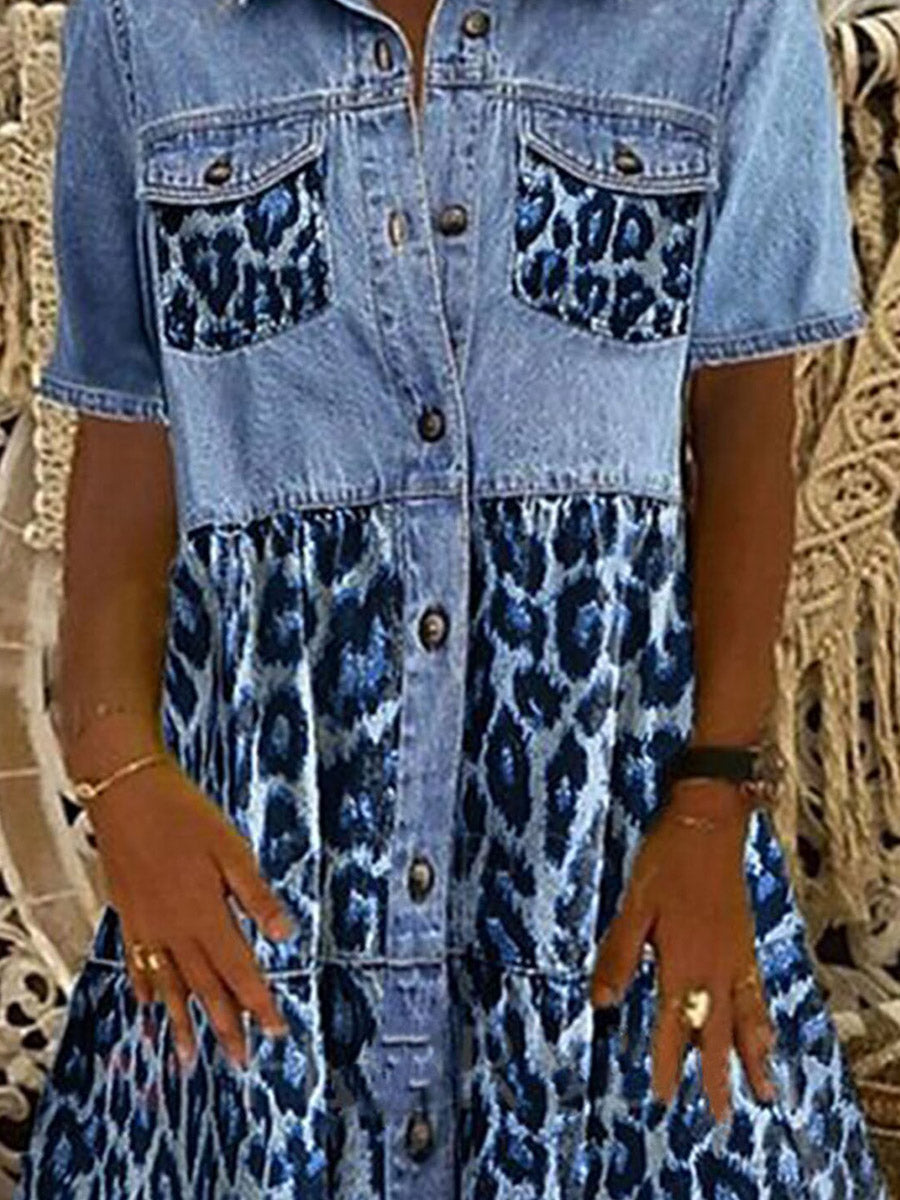 Shirt Collar Leopard Patchwork Dress