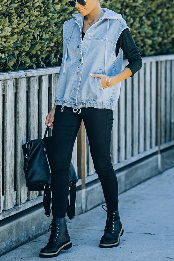 Pocketed Hooded Denim Vest