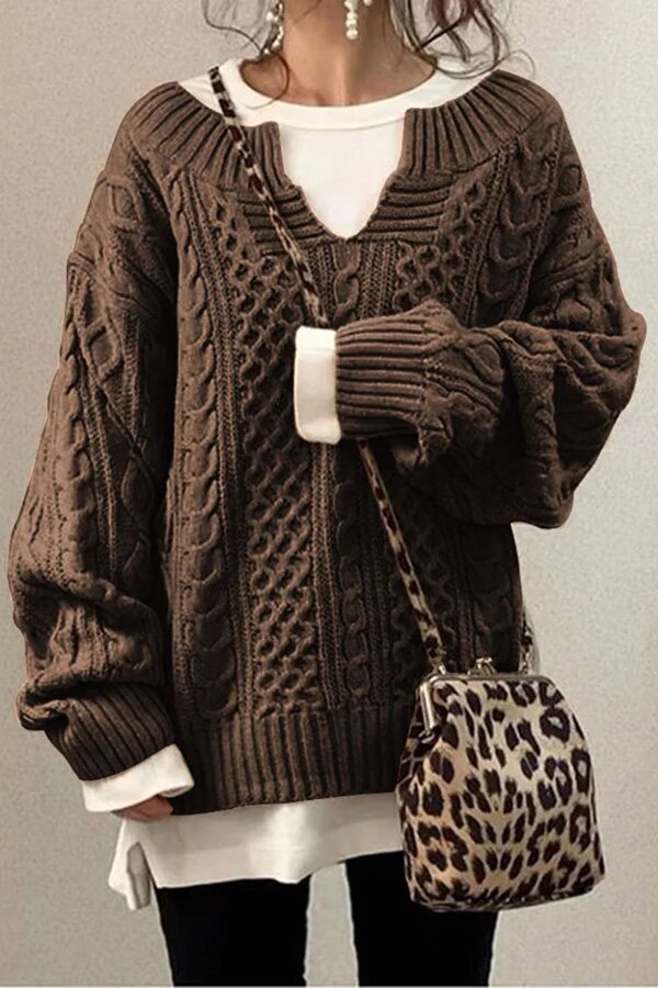 Fashion V-neck Solid Cable Loose Knit Sweater