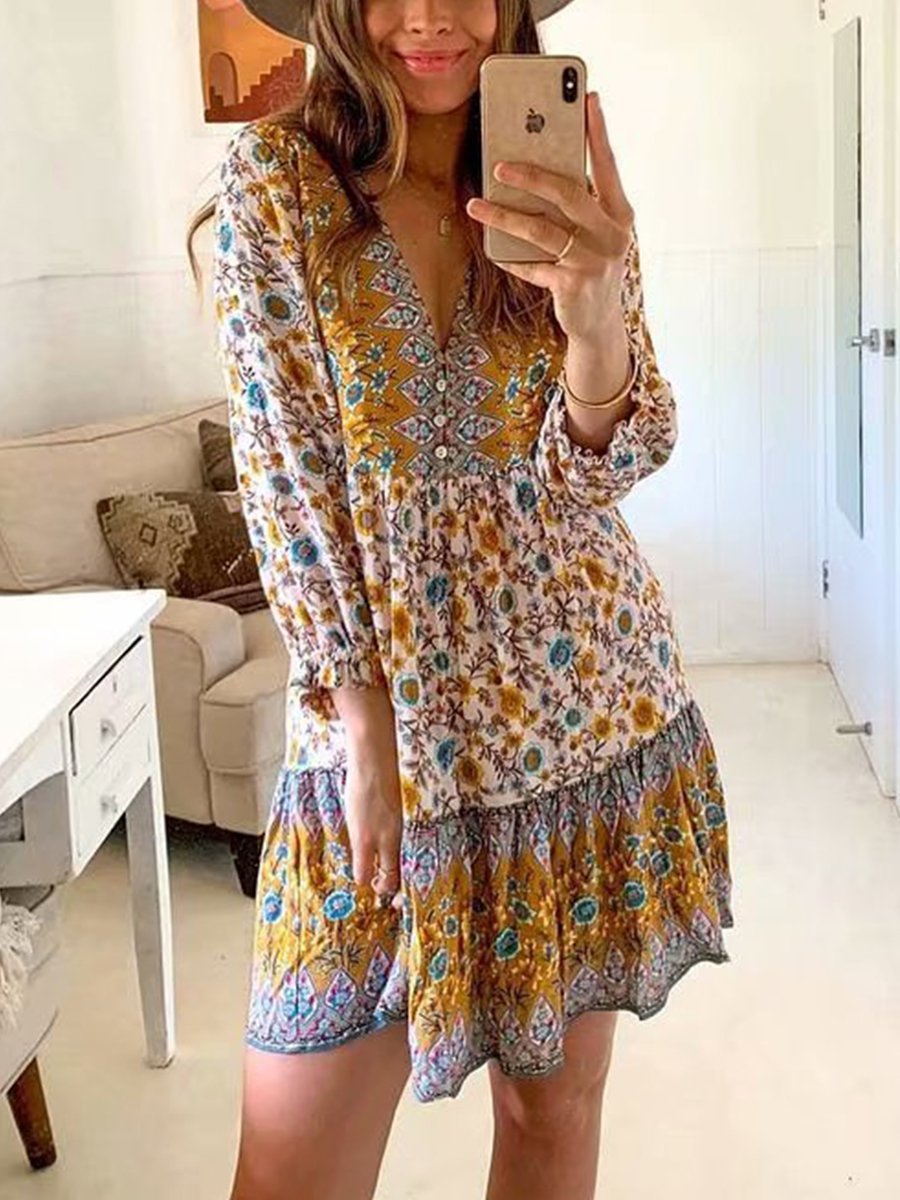 V-neck Multicolor Print Mini Dress