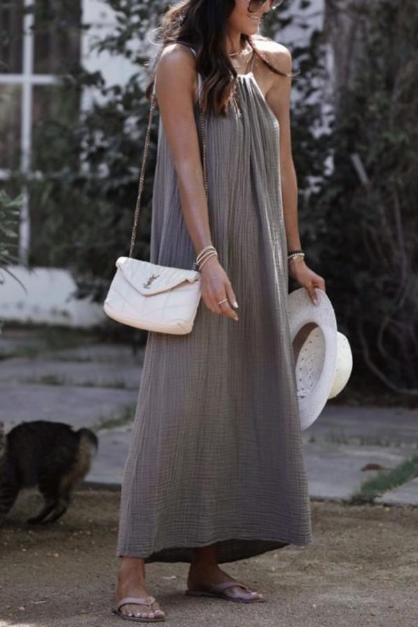 Pure Color Cotton And Linen Halterneck Dress