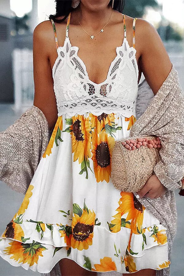 Summer Sexy Sling Floral Print Lace Mini Dress