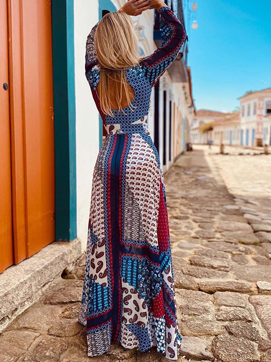 Bohemian Dress With Backless Print