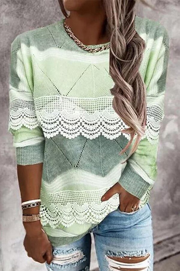 Gradient Lace Trim Cable Knit Pullover Sweater