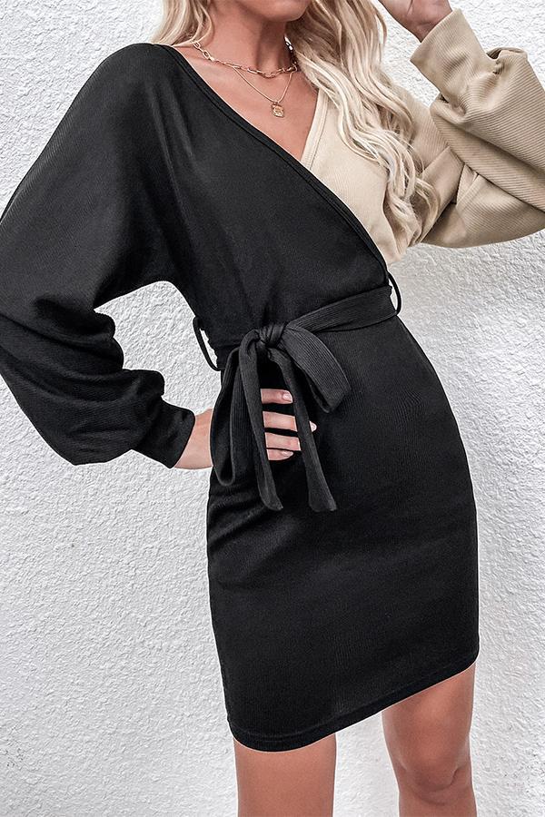 Stitching V-neck Long-sleeved Waist Dress