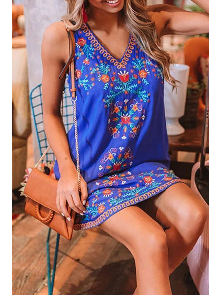 Ethnic Style Sleeveless V-neck Mini Dress