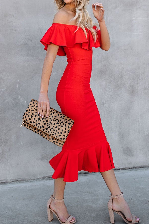 Perfectly Ruffle Off Shoulder Midi Dress