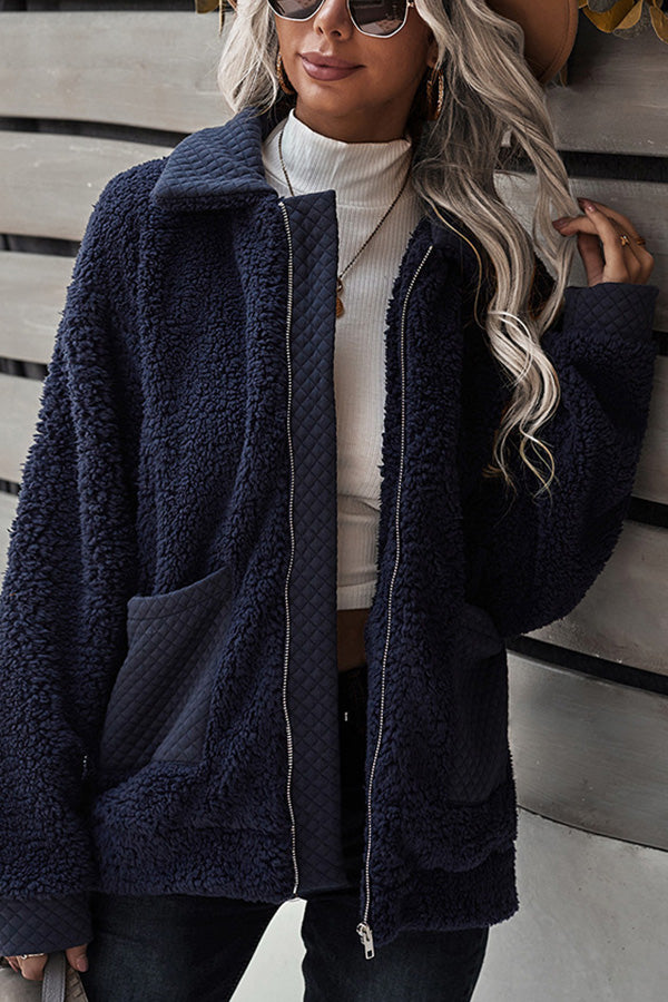 Long Sleeve Pocket Detail Zip Up Teddy Coat