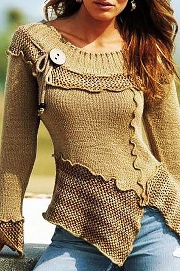 Retro Scoop Neck Patchwork Knit Sweater