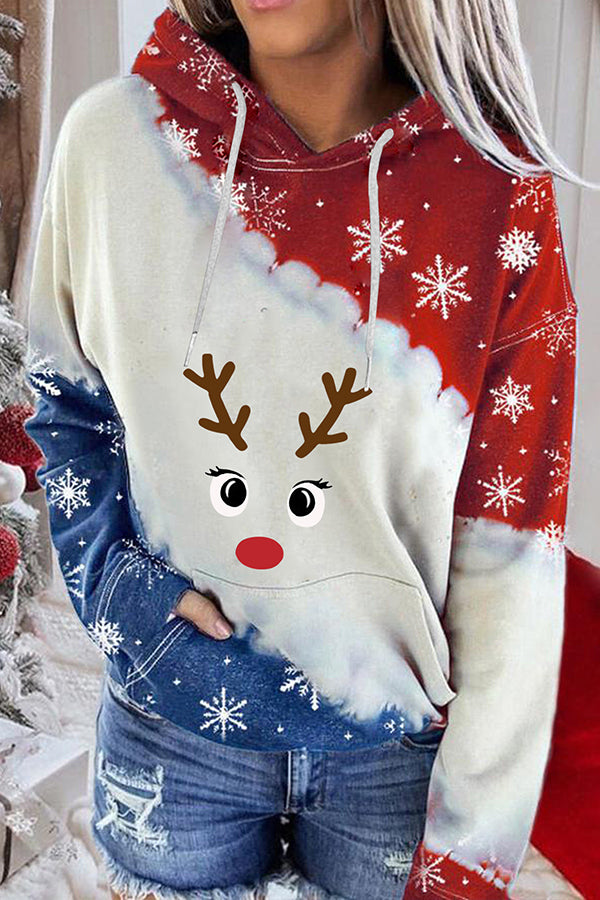 Santa Claus Print Color Block Hoodie (Red and blue)