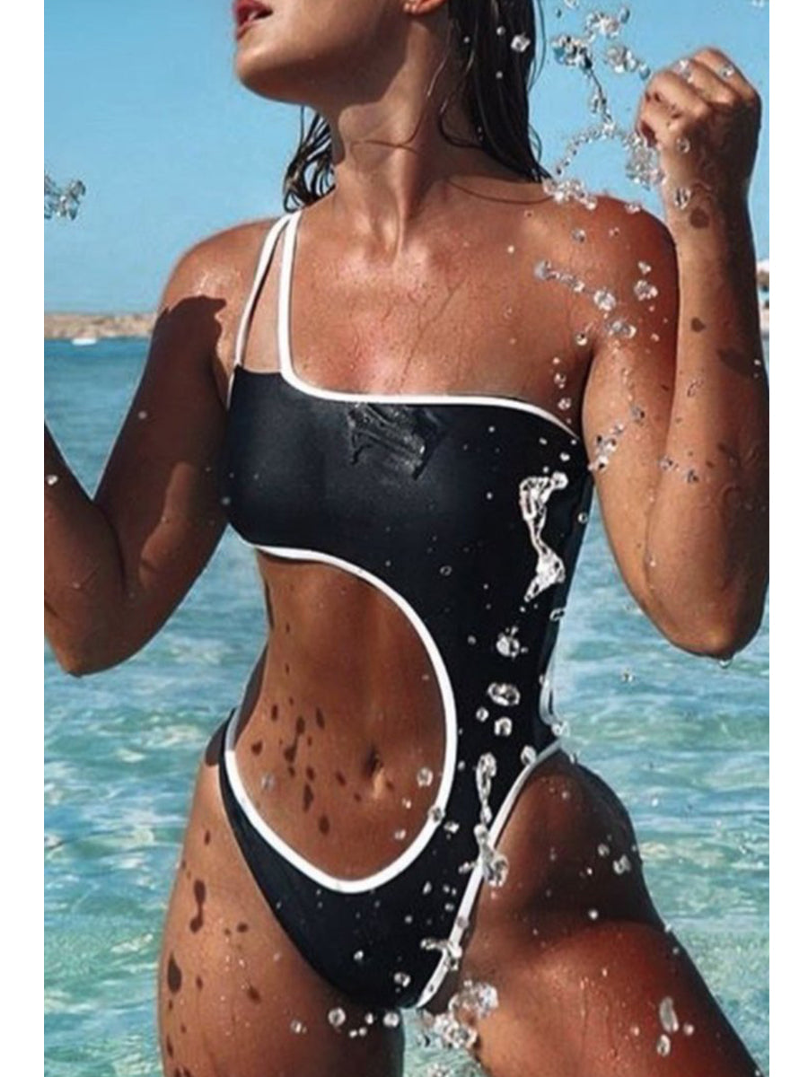 One Shoulder Cutout Patchwork Black One-piece Swimsuit