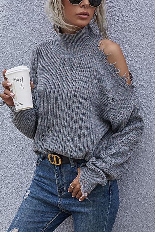 Off-shoulder Ripped Long-sleeved High-neck Knitted Sweater