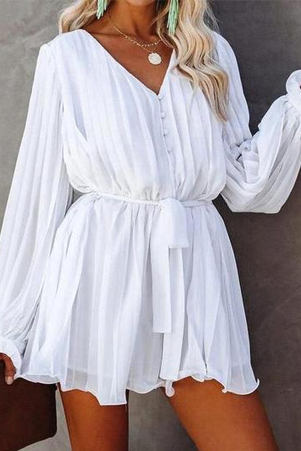 V-Neck Solid Color Pleat Chiffon Dress