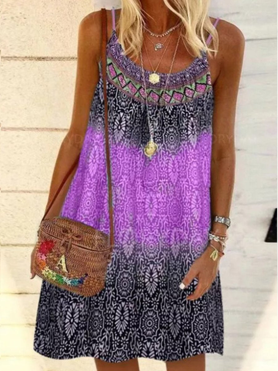 Casual Boho Print U-neck Sleeveless Beach Dress
