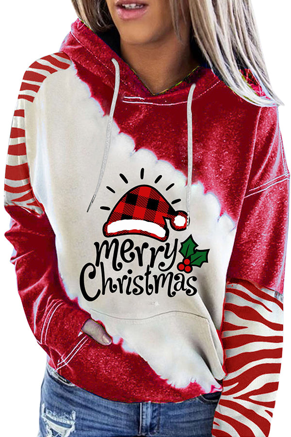 Santa Claus Print Color Block Hoodie (Red)
