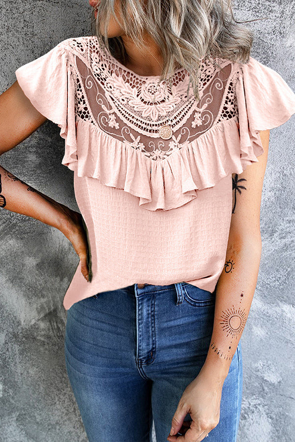 Summer Lace Women's Ruffled Crew Neck Loose Top