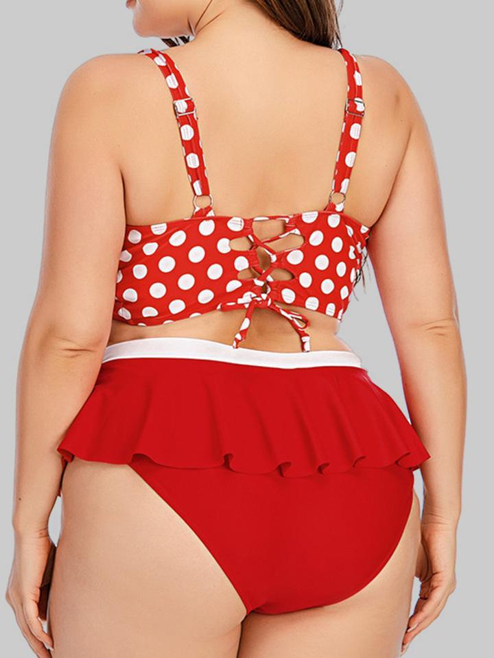 Dot Print Flounce Bow-tie Decoration Red Tankini