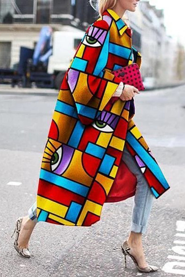 Casual Abstract Splicing Lapel Midi Outerwear