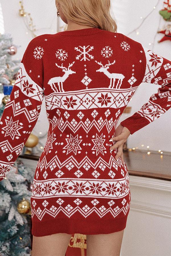 Elk Snowflake Christmas Jacquard Knitted Dress