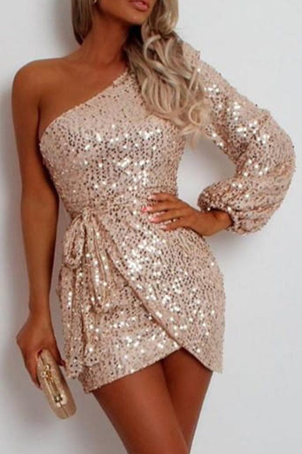 One Shoulder Mini Dress with Champagne Sequins