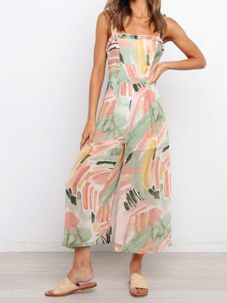 Suspender Jumpsuit Printed Wide Leg Pants
