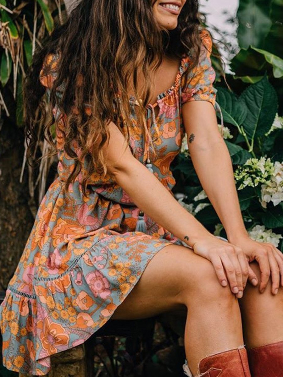 V-neck Puff Sleeve Print Mini Dress
