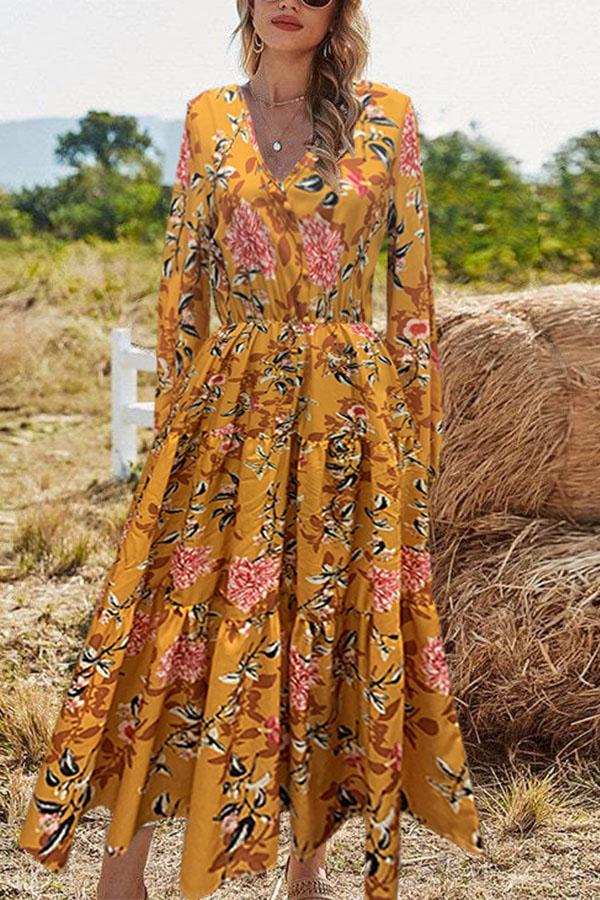 Casual Floral Print V-neck Dress