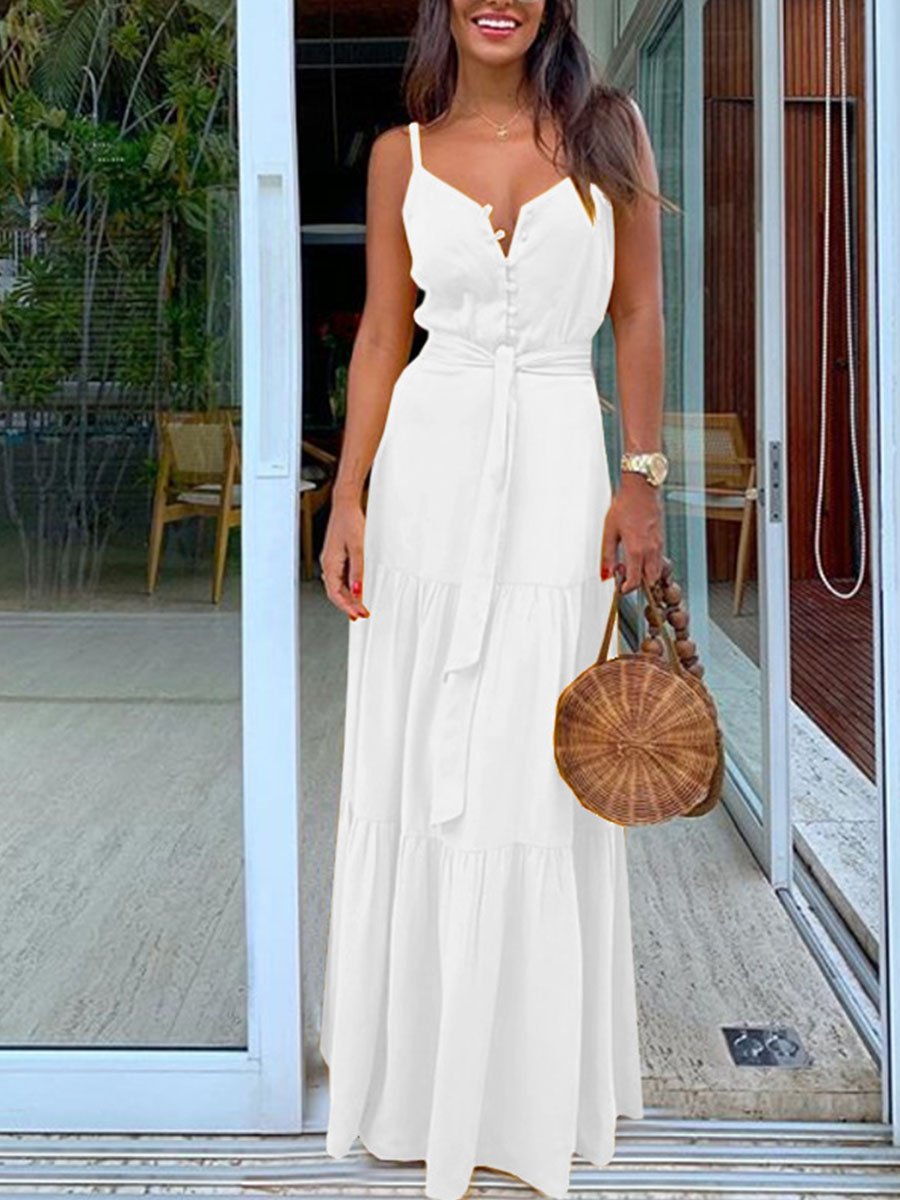 Solid V-neck Patchwork Dress
