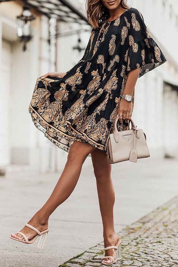 Ethnic Print Tie Mid Sleeve Mini Dress