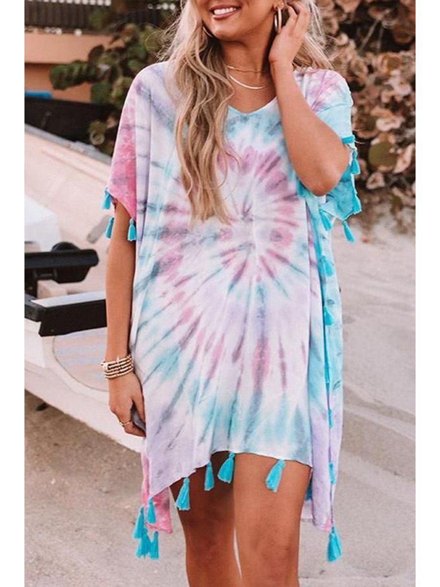 Stylish Irregular Tie Dye Tassels Dress