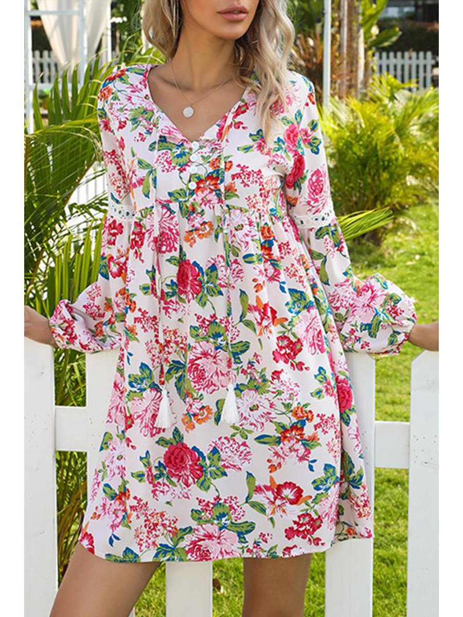 Pretty Floral Print V Neck Dress