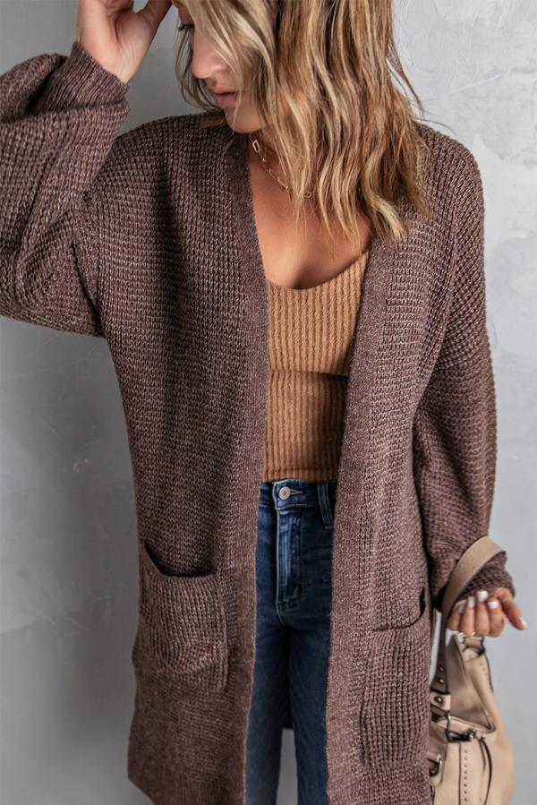 Open Front Waffle Knit Texture Long Cardigan