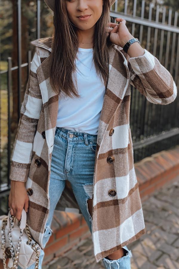 Double Row Button Checked Wool Coat