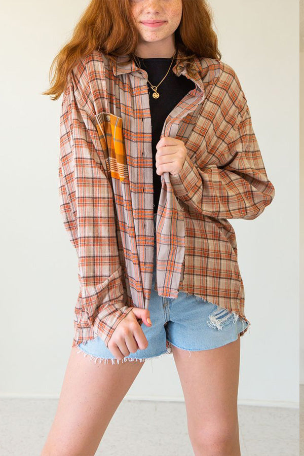 Three-color Stitching Single-breasted Lapel Plaid Shirt