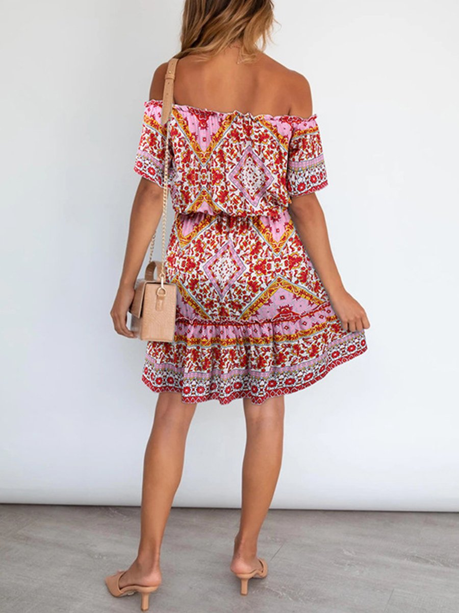 Off-the-shoulder Boho Print Mini Dress