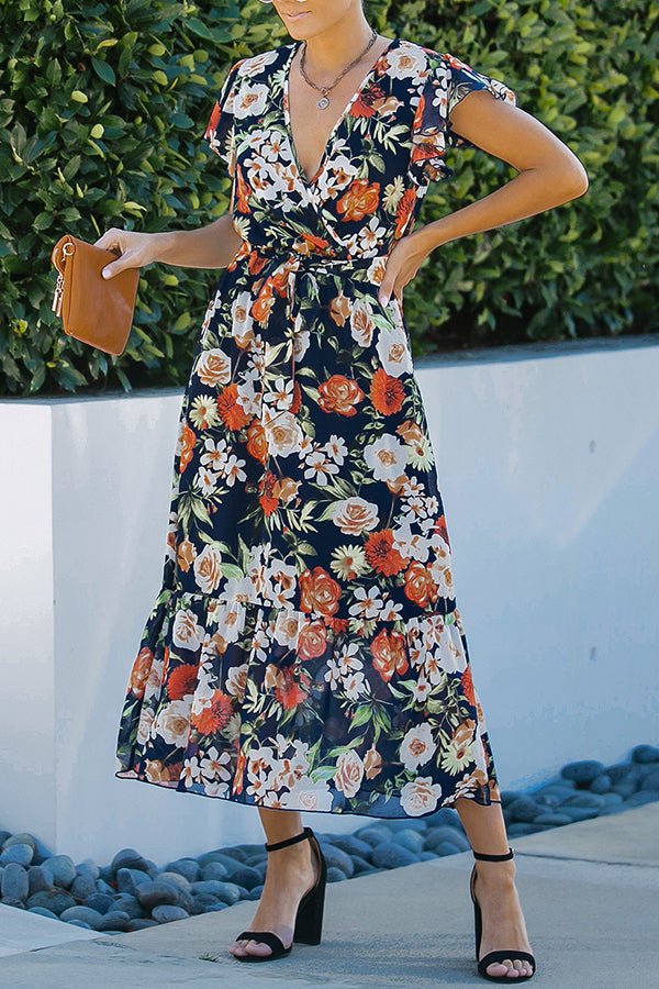V-neck Floral Print Chiffon Long Dress