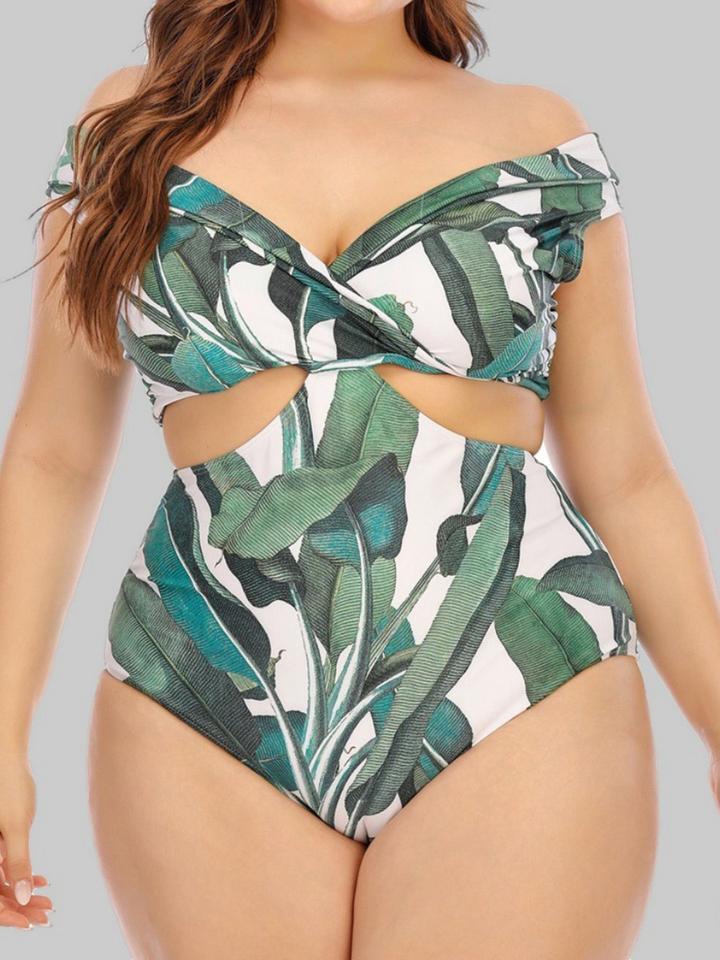 Floral Print Hollow-out Green One-piece Swimsuit
