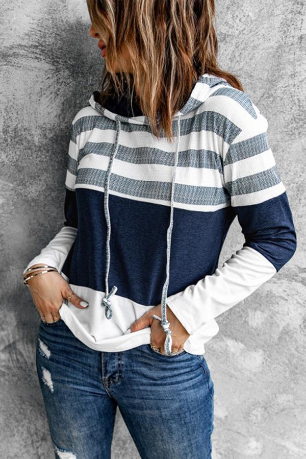 Color Block Striped Drawstring Hoodie