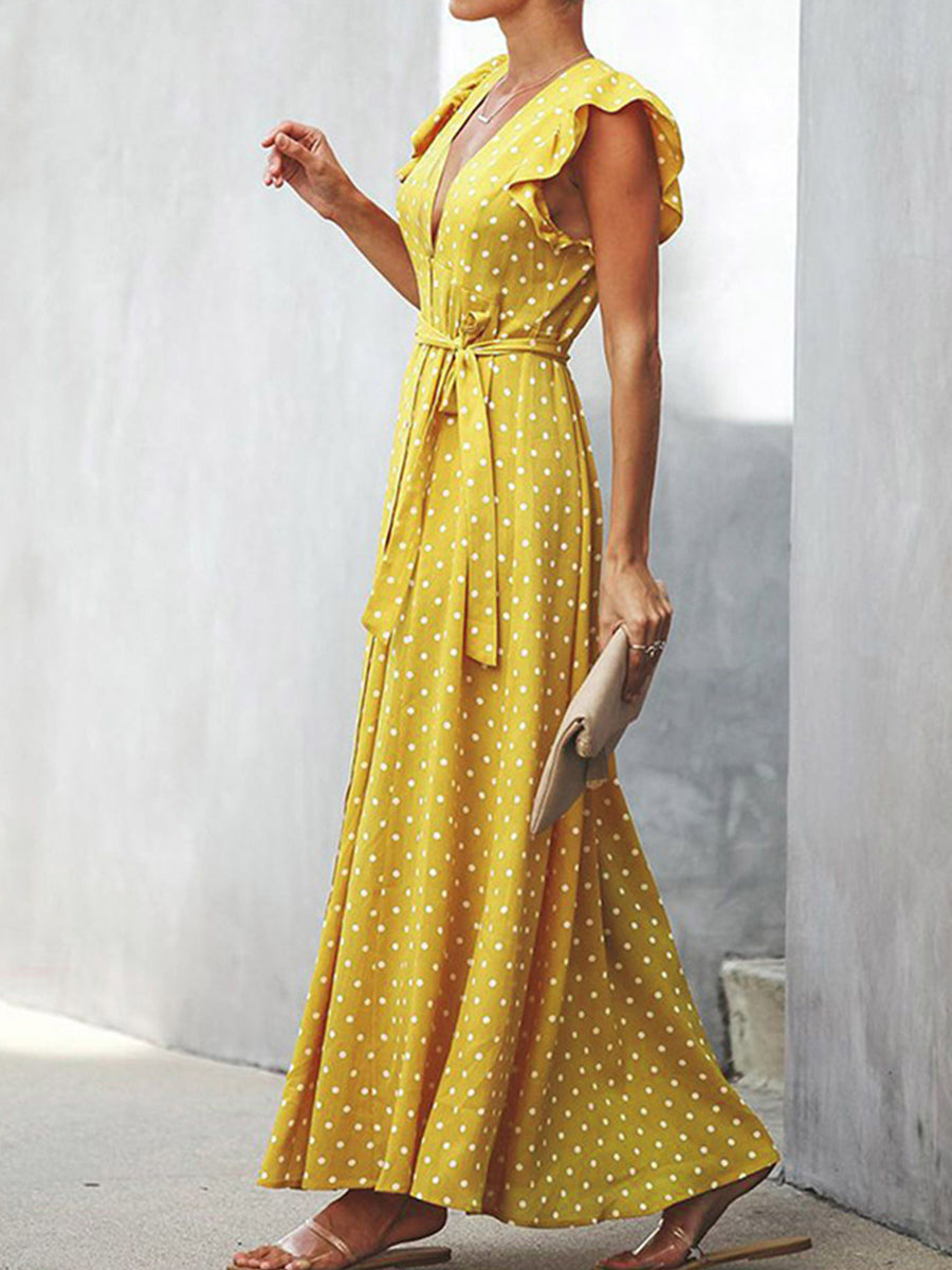 V-neck Ruffle Sleeve Wrap Maxi Dress