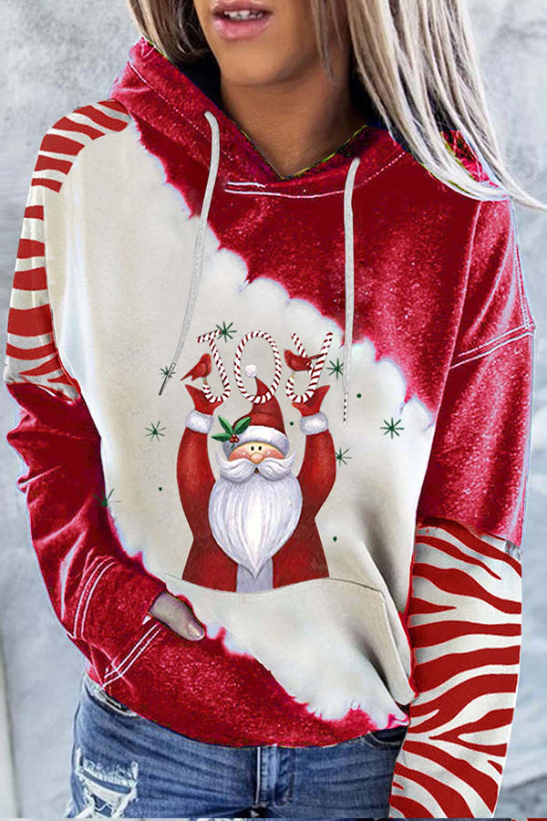 Santa Claus Print Color Block Hoodie (Red)
