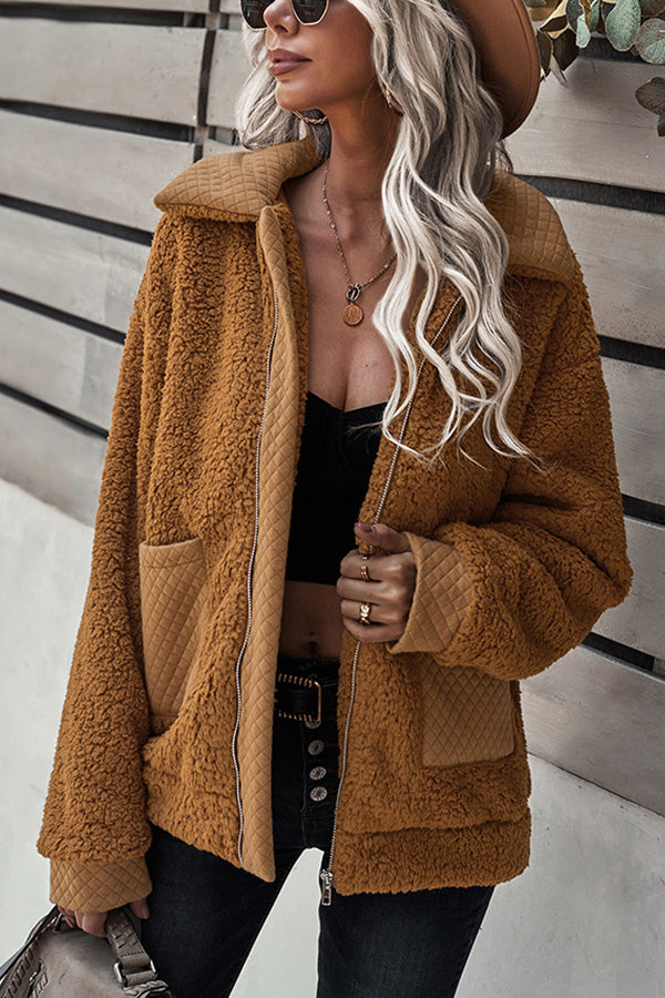 Long Sleeve Pocket Detail Zip Up Teddy Coat