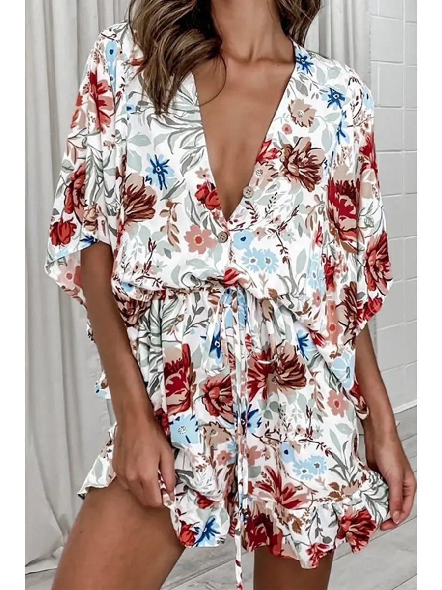 V-neck Printed High-waist Lace-up Romper