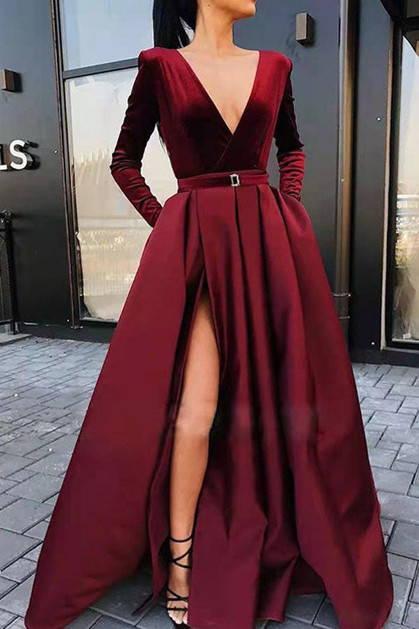 Fashion Solid Color Deep V-neck Golden Velvet Dress