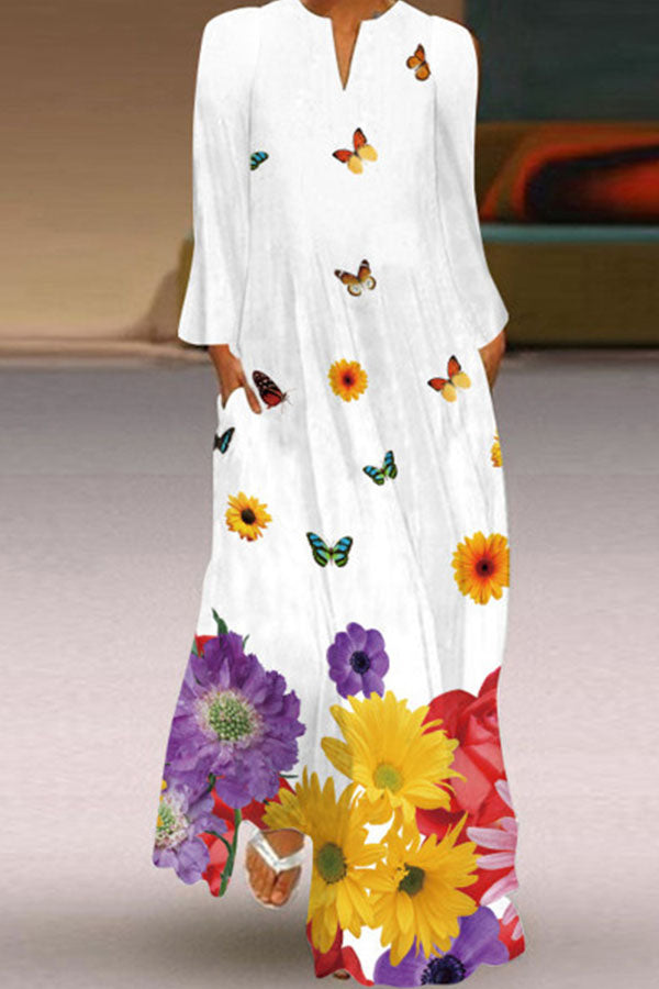 Printed V-neck Long Sleeve Dress