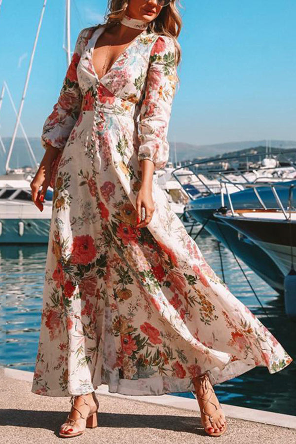 Deep V-neck Long Sleeve Printed Dress