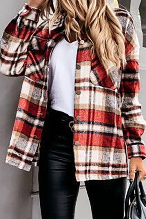 Long Sleeve Orange Plaid Print Jacket