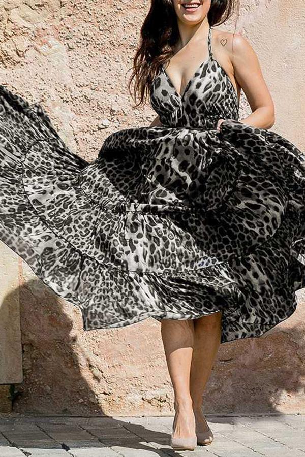 Deep V-Neck Leopard Print Sphagetti Maxi Dress